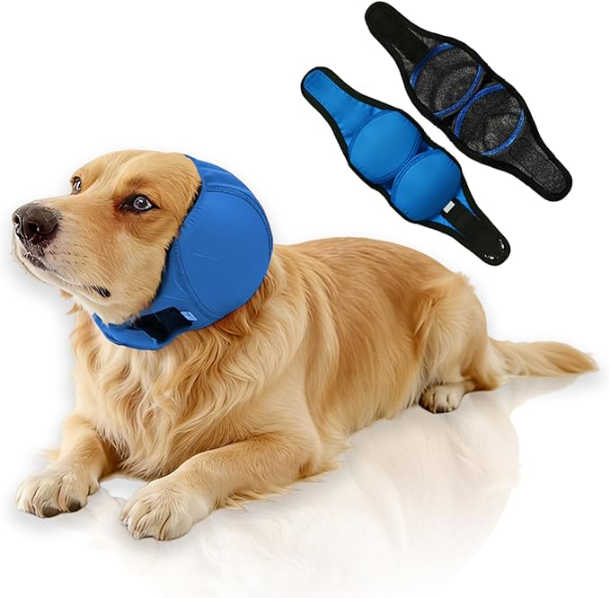 Waterproof Dog Ear Covers for Bathing,Hematoma,Drying,No Shake Ear Wraps for Dogs Ear Muffs Noise Protection Anxiety Relief,Adjustable Dog Calming Hoodie Shower Cap for Grooming(Blue,M)