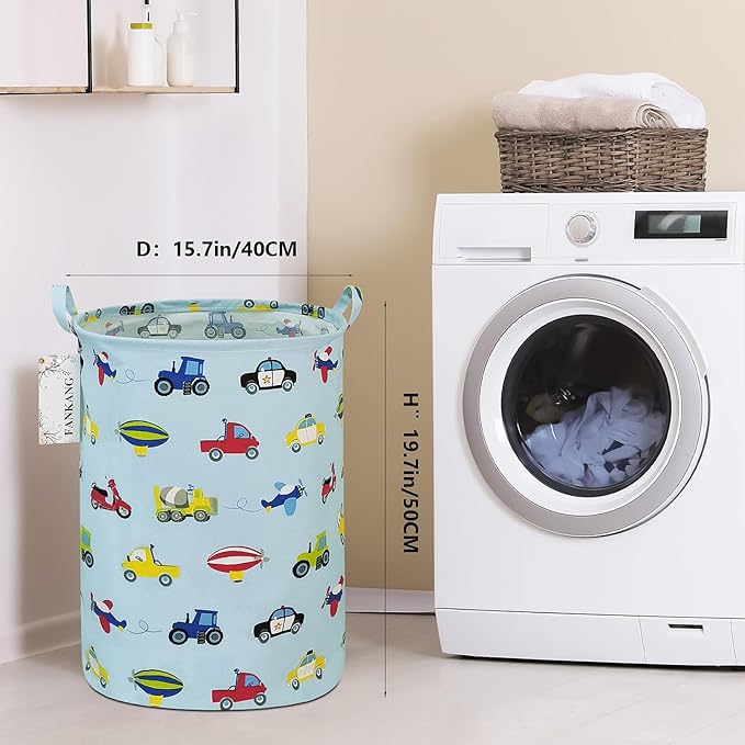 Storage Basket, Nursery Hamper Canvas Laundry Basket Foldable with Waterproof PE Coating Large Storage Baskets for Kids Boys and Girls, Office, Bedroom, Clothes,Toys（Car）