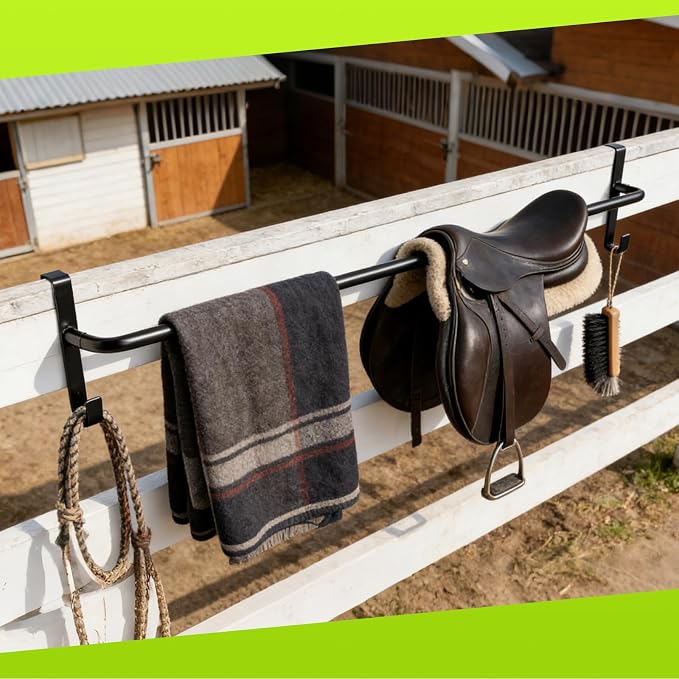 4Pcs Heavy Duty Horse Blanket Rack with Bridle Hooks, No-Drill Wall Mounted Assembled Blanket Bar, Saddle Pad Rack for Horse Tack Storage, Black