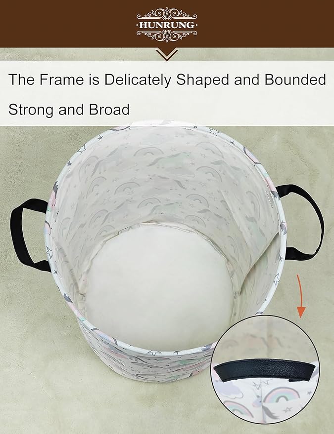 Collapsible Fabric Storage Basket, Waterproof Laundry Hamper with Handles, Round Storage Bin for Clothes Toys, Foldable Organizer for Bedroom Nursery Bathroom(Round-Star Unicorn)