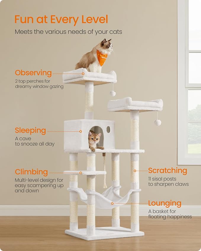 Feandrea Cat Tree, 55.8-Inch Cat Tower, Multi-Level Plush Condo with 11 Scratching Posts, 2 Perches, Hammock, Cave, Light Warm White UPCT015W02