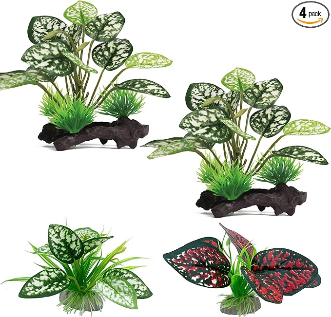 Moonorange Reptile Artificial Plants, Terrarium Plants Decorations Supplies, Aquarium Fish Tank Plant, Amphibian Habitat Hideout Tank Accessories(M Set-4pcs/B)