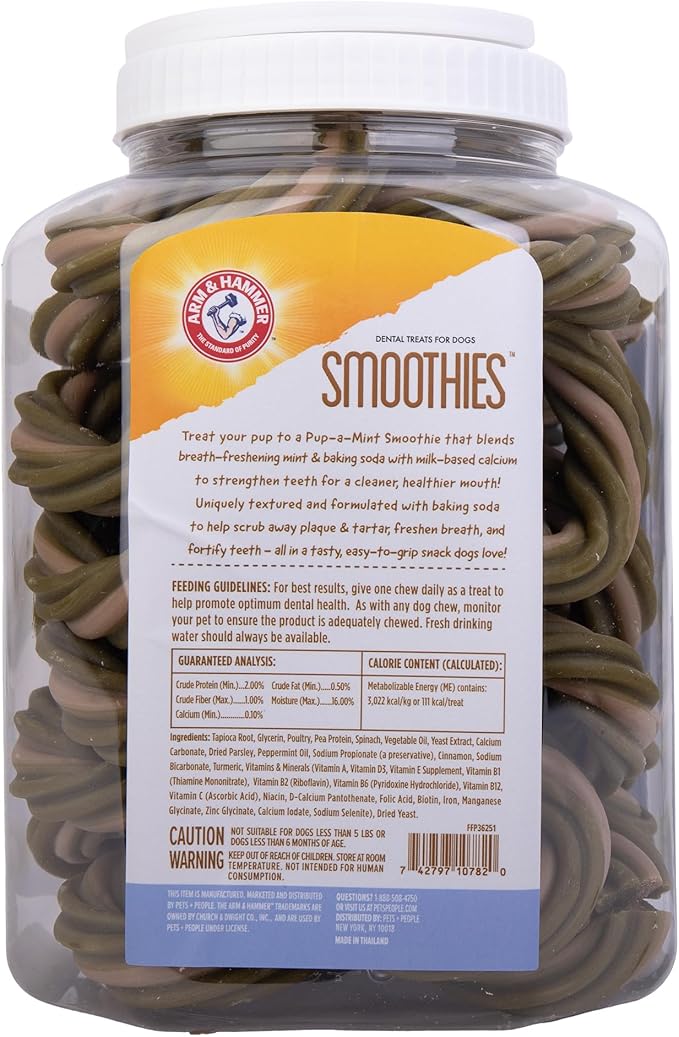 Arm & Hammer Smoothies Dental Chews for Dogs with Baking Soda & Calcium, Fight Bad Breath, Plaque & Tartar without Brushing, Mint Flavor, Ring Shaped, 32 Count, 2.4 lb Bucket