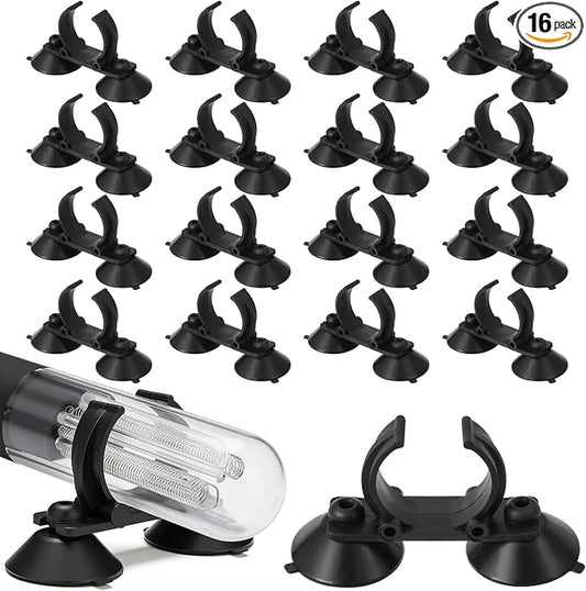 16 Pack Aquarium Heater Suction Cups with Clips，Clip Heavy Duty Black Standard Heating Rod Holders Clamps with 1.2 Inch Clips for Aquarium and Fish Tanks Heater (Double-Headed)