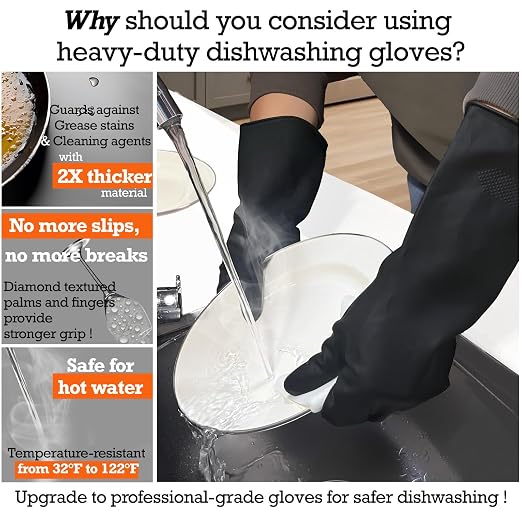 Black Thick Rubber Cleaning Gloves - 2 Pairs of Extra-Large, Reusable, Non-Slip, Heavy-Duty, Waterproof Gloves for Dishwashing and Kitchen Cleaning