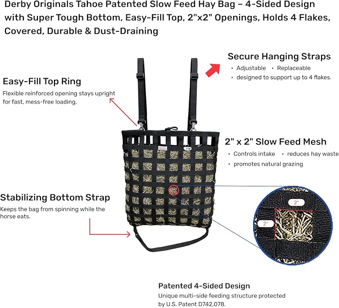 Tahoe Patented 4-Sided Slow Feed Hay Bag with Super Tough Bottom – 2"x2" Openings, Easy-Fill Plastic Ring Top, Holds 4 Flakes, Reinforced Nylon, Dust-Draining Design, 1-Year Warranty