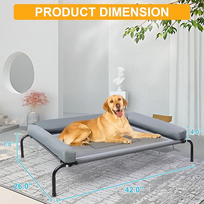 42''Cooling Elevated Dog Bed with Pillow,Outdoor Indoor Raised Dogs Bed with Six Support Feet,Breathable Dog Cot Beds Teslin Medium Large Size Dogs,Pet Hammock Beds, Pet Beds with 4 Ice Pack(Medium)