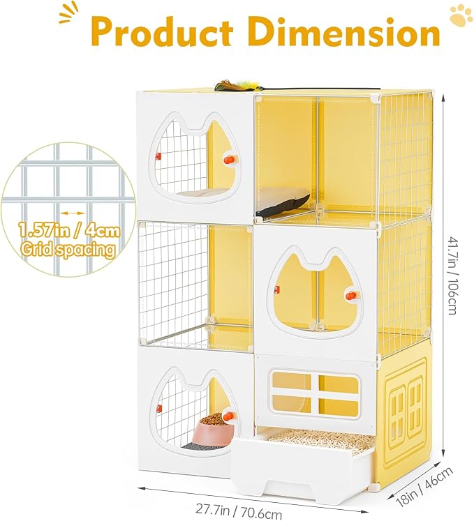 Cat Cage with Litter Box & Clear Door,Indoor Cat Cage Playpen,DIY Cat Enclosures Catio,Multi-Level Detachable Metal,Ferret Cage 42" x 18" x 28"