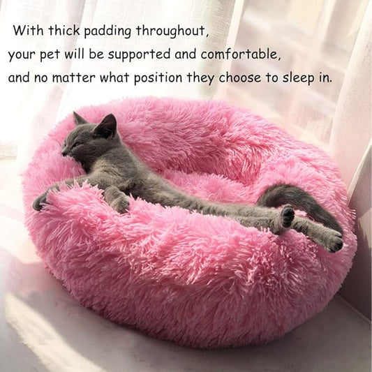 Modern Soft Plush Round Pet Bed for Cats or Small Dogs, Mini Medium Sized Dog Cat Bed Self Warming Autumn Winter Indoor Snooze Sleeping Cozy Kitty Teddy Kennel (24'' D x 8'' H, Hot Pink)