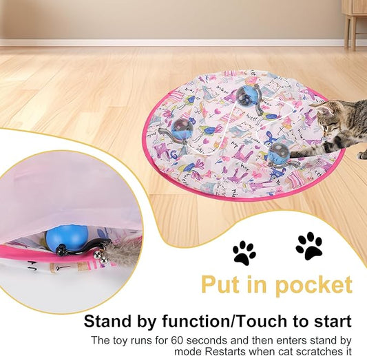 Cat Toy Mat with Moving Toy Under,Remote Control Hide and Seek Rechargeable,Interactive Cat toys Play Mat Rolling Ball Indoor Exercise for Bored and Overweight Cat and Small Dog Entertainment Pink