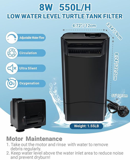GOZILLA 148GPH Turtle Tank Filter 8W Adjustable Water Flow, Aquarium Filter for Low Water Level Tank, Turtle Filter Quiet Waterfall Fish Tank Filter for 10-30 GAL. (Black)