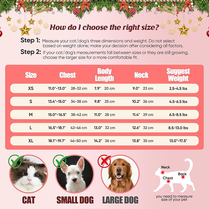 Strawberry Print Cotton Cat Dog Costumes with 2 Adjustable Collar with Bow, Kitten Outfits for Girl Cats, Pink White Pet Clothes for Small Dogs & Cats ，M