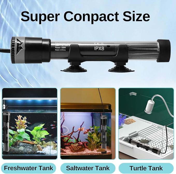 SainSmart XpertMatic Aquarium Heater Submersible, Fish Tank Heater 100W Adjustable Thermostat with Suction Cup, for Marine Saltwater and Freshwater, Up to 20 Gallon Fish Tanks