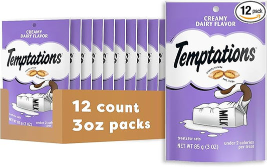 Temptations Cat Treats, Classic Crunchy and Soft Cat Treats, Creamy Dairy Flavor, 3 oz. Pouch (Pack of 12)
