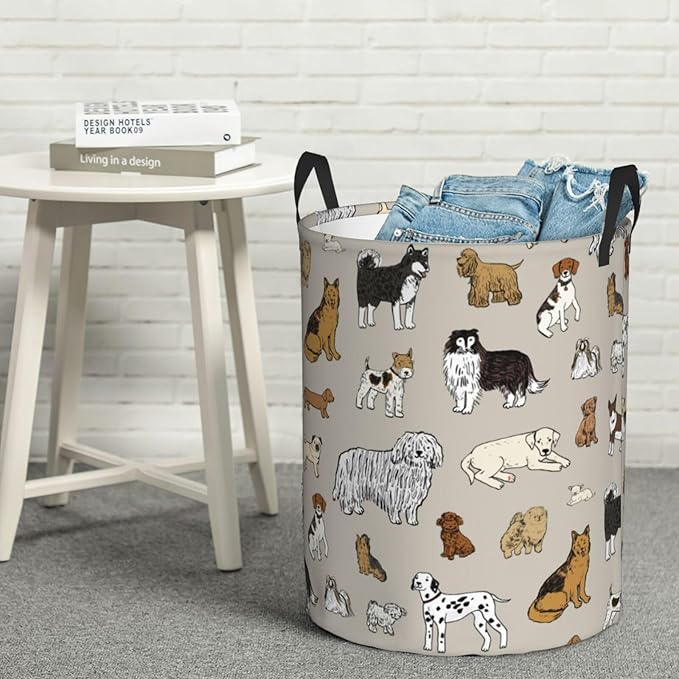 Cute Dogs Animals Print Round Laundry Hamper Storage Basket Toys Clothes Organizer Bin For Home Bathroom Bedroom Dorm Nursery, 38l