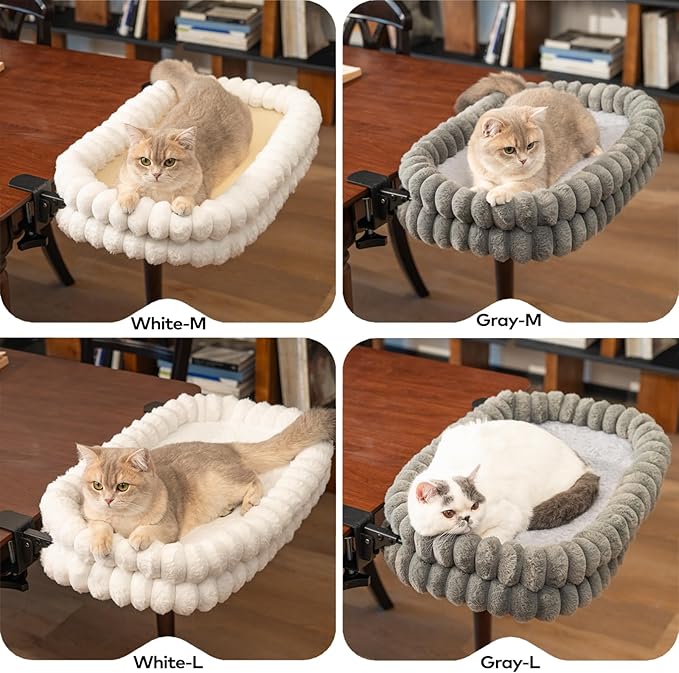 CHEERPALS Cat Desk Bed with Reversible Cushion, 90°Foldable Cat Hammock for Desk Mounted, Suitable for Medium-to-Large Cats and Puppy, Clowd Series(White, Large)
