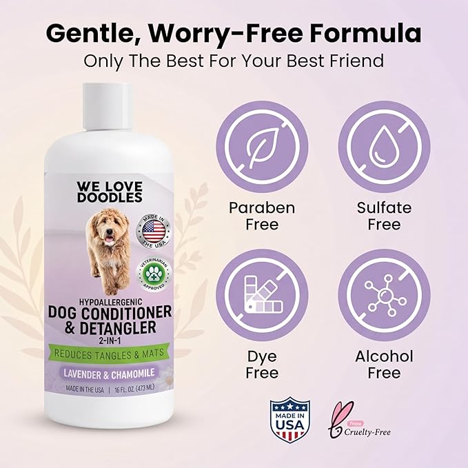 We Love Doodles Dog Conditioner & Detangler, 2-in-1 Conditioner for Allergies & Itching, Lavender and Chamomile, Made in USA, Dog Lotion Treatment, Perfect for Poodles, Doodles & Goldendoodles,16oz