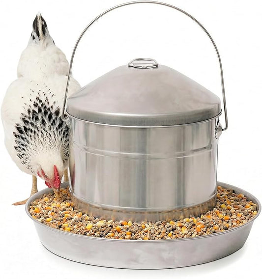Plexon 17.6 Lb Stainless Steel Hanging Chicken Feeder no Waste Food-Grade Large - Turkey Duck Poultry Feeder for Chicken Metal - Heavy Duty Reliable Long-Lasting with Handle