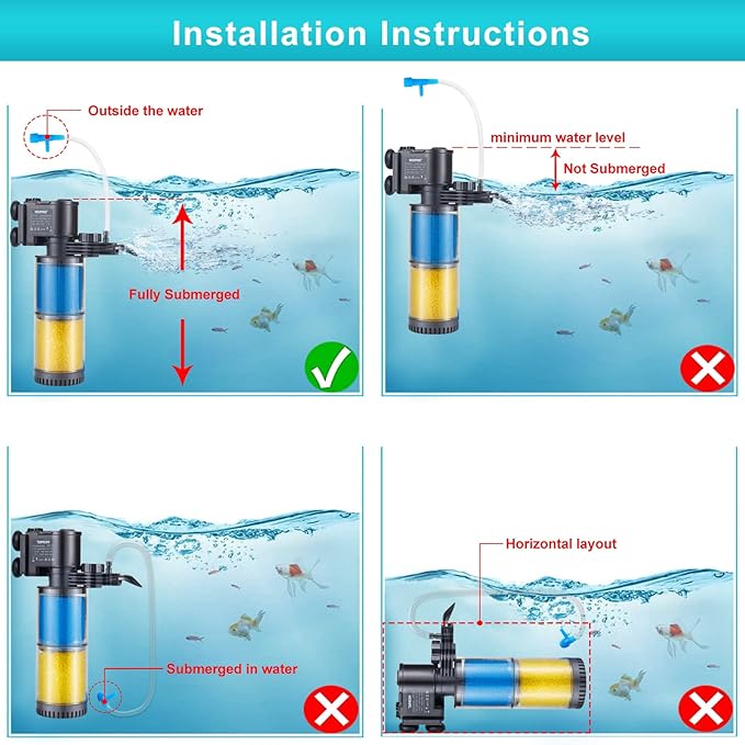 Internal Fish Tank Filter, 3-Stage Biochemical Sponge Filtration, 90GPH Adjustable Water Flow Submersible Aquarium Filter Pump with Aeration for 20 ~ 30 Gallon Freshwater Saltwater, TH-280B(90GPH)