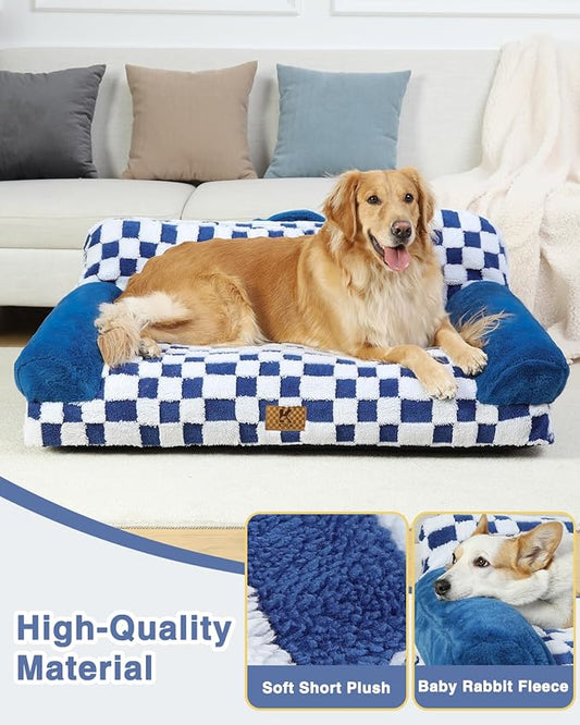 KSIIA Dog Bed Large Dog Beds with Supportive Armrests Waterproof Pet Couch Comfort Pet Sofa with Removable Machine Washable Cover & Anti-Slip Bottom, 41 x 27 in, Blue