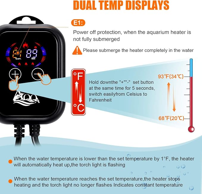 AQQA Aquarium Heater, 1000W Fish Tank Heater Submersible Betta Fish Heater for Aquarium Thermostat Pond Heater for Freshwater and Saltwater (1000W for 120-280 Gallon Tank)