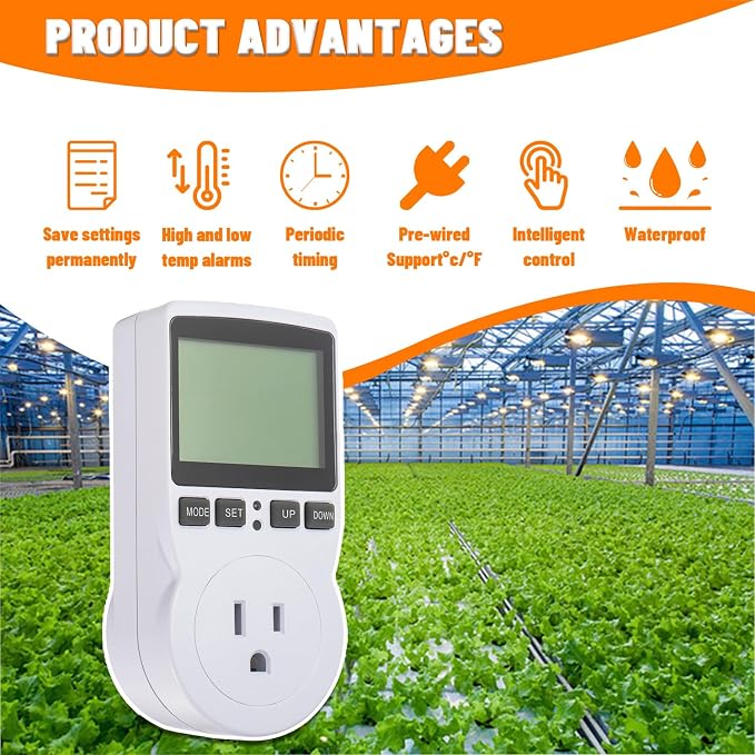 110V Digital Temperature Controller, LCD Screen Heating Cooling Thermostat Outlet Socket with Sensor Timer Regulator for Reptile Incubator Greenhouse Brewing Refrigerator