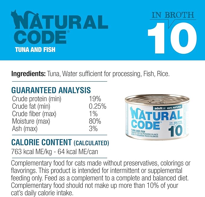 Natural Code - 24 Pack Wet Cat Food, Limited Ingredient Cat Food, High-Protein, Non-GMO, No Artificial Additives, Made in Italy, Tuna and Whitebait in Broth for Adult Cats, 3 oz