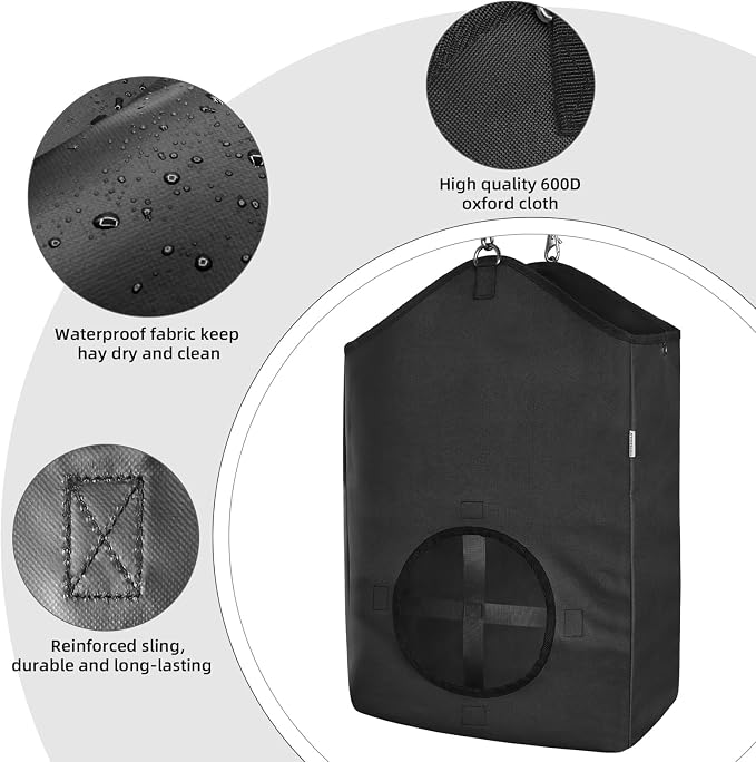 Hay Bags,Slow Feed Hay Bags for Horses,Goats,Donkeys with Reinforced Oxford Fabric and High Strength Metal Clasp,Horse Feeding Supplies with Strap for Easy Hanging (1 Black)