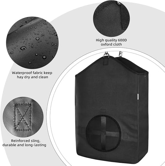 Hay Bags,Slow Feed Hay Bags for Horses,Goats,Donkeys with Reinforced Oxford Fabric and High Strength Metal Clasp,Horse Feeding Supplies with Strap for Easy Hanging (1 Black)
