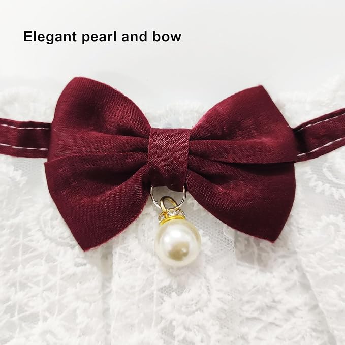 Elegant Lace Cat Collar with Cute Bow,Cat Collar with Bow Tie,Pet Lace Bib Collar with Cute Bow,Cat Princess Costumes,Crimson,1 Piece ﻿