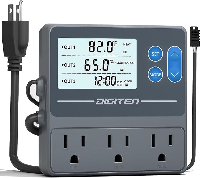 DIGITEN Reptile Temp & Humidity Controller, Timer Outlet, Day-Night Thermostat, 3-Stage Outlet Plug in Temperature Controller for Reptile, Mushroom, Homebrew