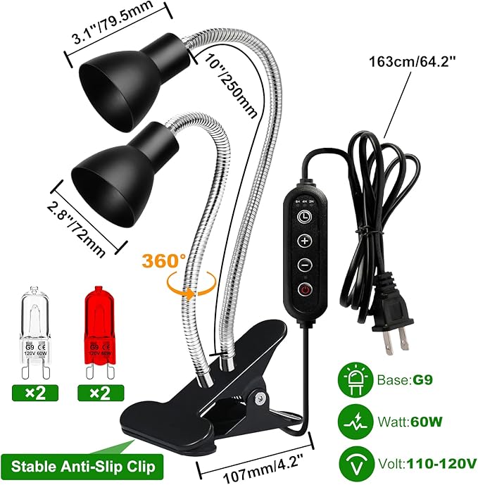 Heat Lamp for Reptile,UVA UVB Light for Turtle,Bearded Dragon Basking Light Bulbs,Dimmable 360°Gooseneck UV Heating Lamp W/ G9 Mini Halogen Bulbs 60W (White*2，Red*2) for Tortoise/Snake/Lizard