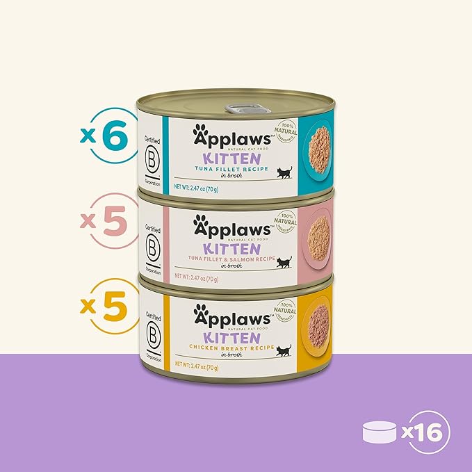 Applaws Natural Wet Kitten Food, Limited and Natural Ingredients, High Protein with No Artificial Additives, Kitten Variety in Broth (16 x 2.47oz Cans)