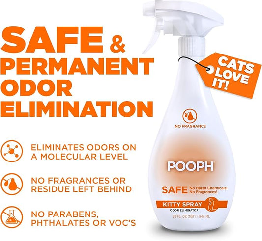 POOPH® Kitty Odor Eliminator – 32 fl oz Bottle – Proprietary Odor Elimination Technology Works On Contact – Cat Trees, Toys, Furniture, Bedding – No Fragrances, No Harsh Chemicals, Safe & Non Toxic