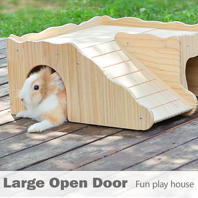 Large Rabbit Hideout Thicken Hard Wooden Bunny House Castle Climbing Tower Detachable Playhouse Ventilated Guinea Pig Wooden Hideout for Hamster Chinchilla (Slide Style)