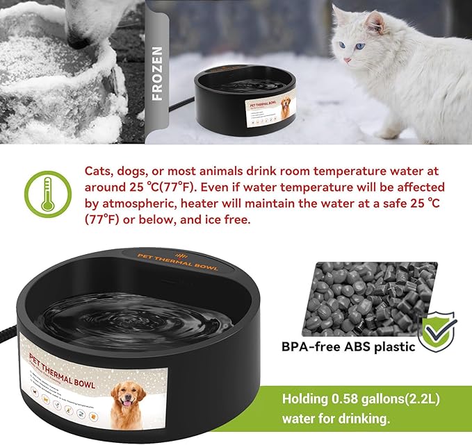 Outdoor Heated Water Bowl for Dogs Cats, 2.2L Winter Heating Dog Water Bowl Smart Thermal for Outdoor Chickens Rabbits Birds, Black, Winter Clearance 2026, Limited Stock