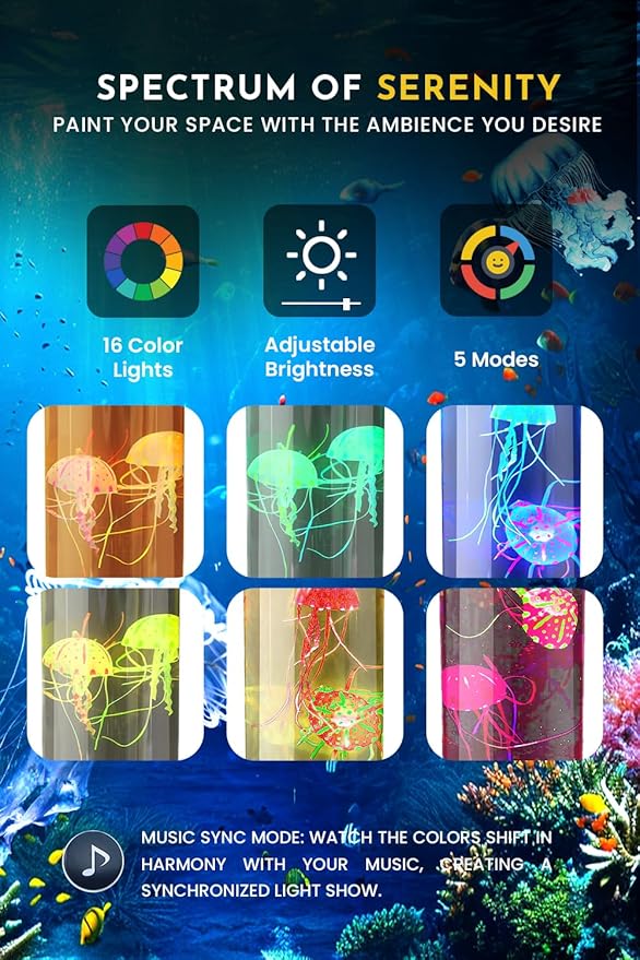 Brewish Jellyfish Lamp with 20W Bluetooth Speaker (Upgraded Motor 2025), 16 Color Changing Mood Lamp, 4 Modes Aquarium Night Light for Kids, Gift for Adults, Kids, Sensory Lights for Autistic Children