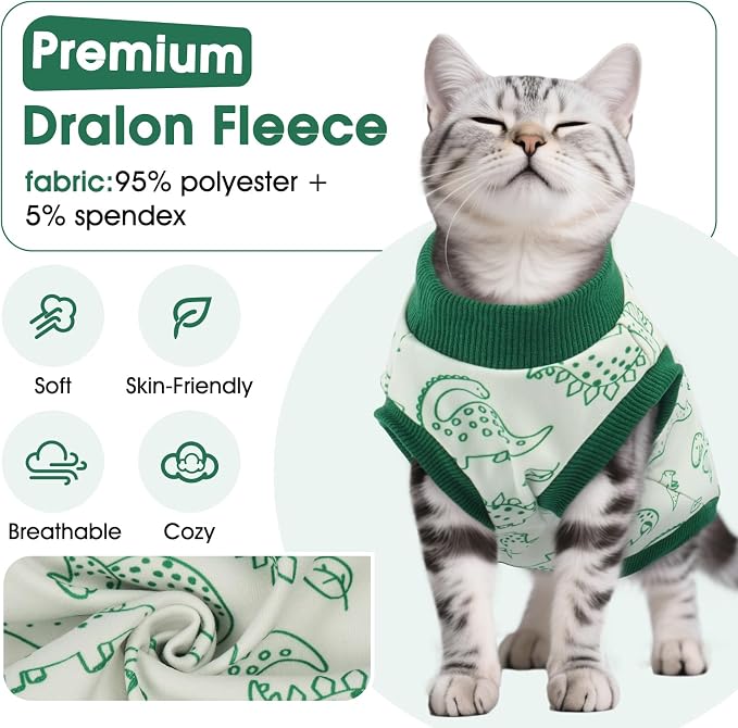 DENTRUN Sleeveless Cat Vest, Dinosaur Print & Ultra-Soft Dralon Fleece | Breathable, ultra-soft Dralon fleece, dinosaur print, sleeveless for freedom, all-season indoor/outdoor wear, XS-XXL sizes