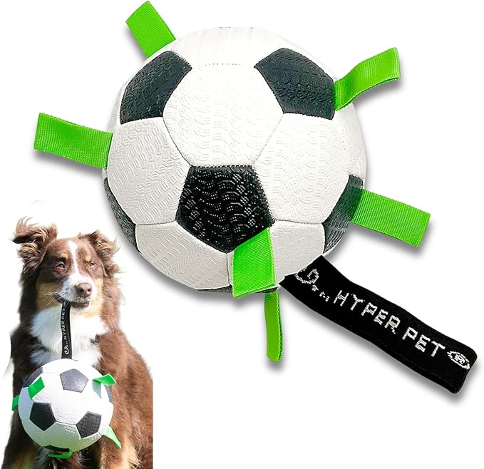 Hyper Pet Grab Tabs Dog Soccer Ball with Straps (7.5") Indoor or Outdoor; Interactive Durable Fetch Ball with Tug Toy for All Dog Breeds