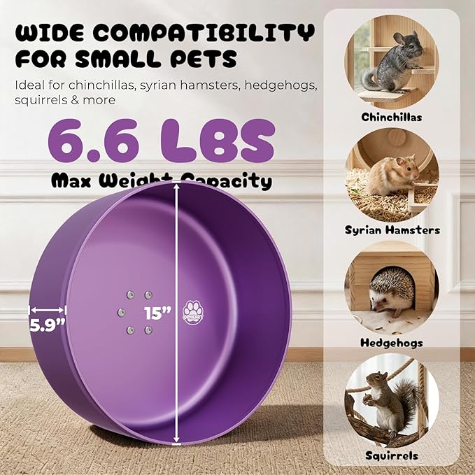 15" Silent Chinchilla Running Wheel, Aluminum Alloy Noiseless Exercise Wheel, Small Animal Running Wheel, Ultra Smooth Bearing, Large Comfort Wheel for Chinchilla, Hamster, Hedgehog & Small Pets