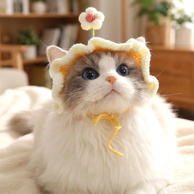 2PCS Cat Hats Cute Flower Crochet Hats for Cats Small Pets Birthday Party Christmas Halloween Easter Travel Accessories Puppy Hat (Pink, Yellow)