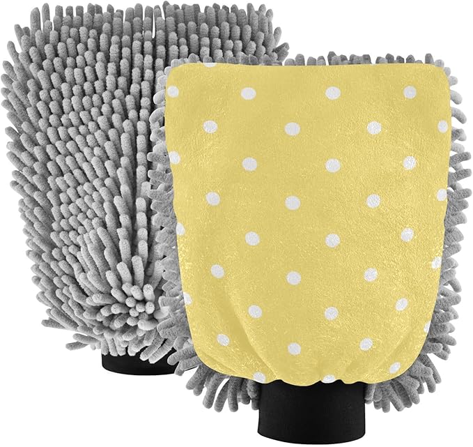 Car Wash Mitt Microfiber Wash Mitts for Car Washing Scratch-Free Cleaning Gloves Soft Non Absorbent Chenille Auto Hand Mitt Medium 2Pack Polka Dots Yellow