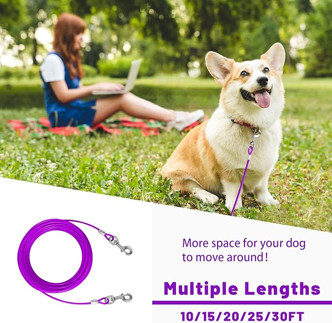 Dog Tie Out Cable 10/15/20/25/30 FT Runner for Yard - Steel Wire Cable With Durable Superior Clips - Purple Chain for Outside Lead - Large Dogs Up to 165 lbs