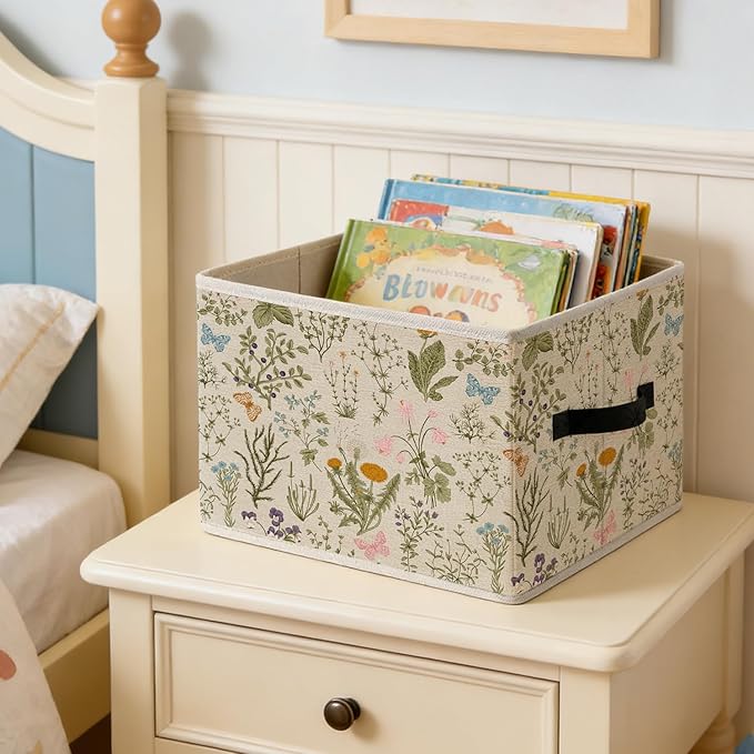Rustic Vintage Butterfly Floral Storage Bins, Cottagecore Botanical Wildflower Foldable Closet Organizers Storage Basket Toybox for Clothes Bed Sheets Blankets Toys