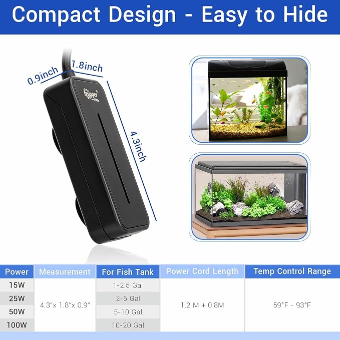 hygger Small Submersible Aquarium Heater 50W Mini Betta Fish Tank Heater with LED Display Adjustable Temperature for 5-10 Gallon Freshwater Saltwater Coral Reef Tanks