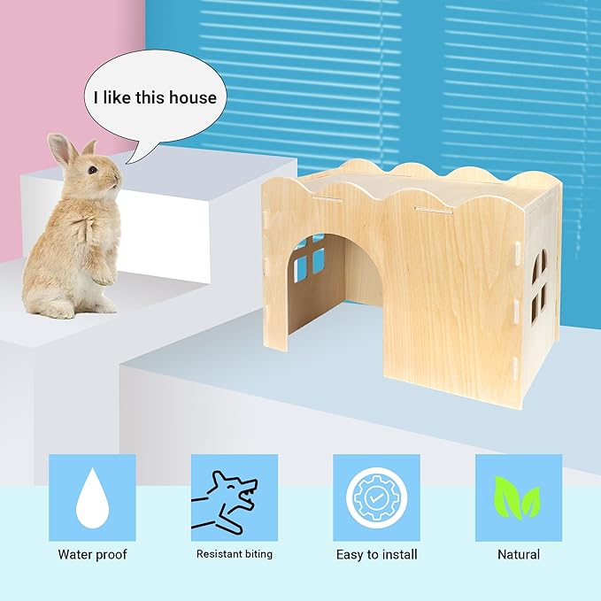 Bifeaw Rabbit Hideout, Natural Wooden Chew Proof Hideaway Hut for Small Pets (Rabbit)