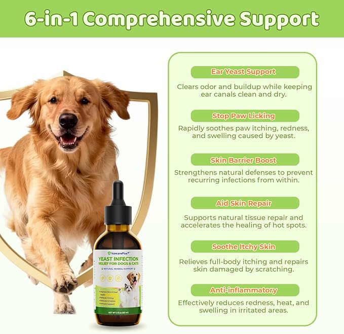 Natural Yeast Relief Drops for Dogs & Cats – 2 fl oz Herbal Ear & Skin Support for Itching, Paw Licking, Hot Spots & Odor Control – Apple Cider Vinegar & Goldenseal – Chicken Flavor Liquid Drops