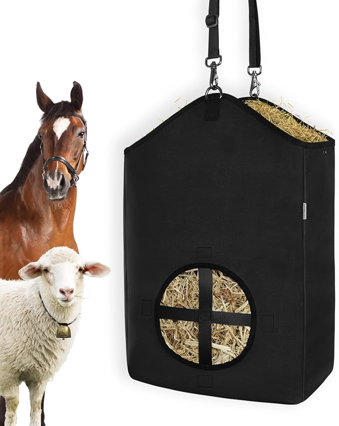 Hay Bags,Slow Feed Hay Bags for Horses,Goats,Donkeys with Reinforced Oxford Fabric and High Strength Metal Clasp,Horse Feeding Supplies with Strap for Easy Hanging (1 Black)