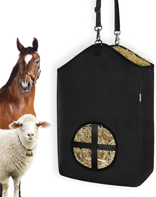 Hay Bags,Slow Feed Hay Bags for Horses,Goats,Donkeys with Reinforced Oxford Fabric and High Strength Metal Clasp,Horse Feeding Supplies with Strap for Easy Hanging (1 Black)