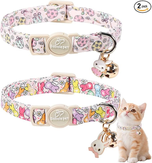 2 Pack Easter Cat Collars - Pastel Bunny&Egg Print Breakaway Easter Cat Collar with Bell & Bunny Pendant, Adjustable Cute Spring Holiday Kitten Collars for Boy Girl Cats